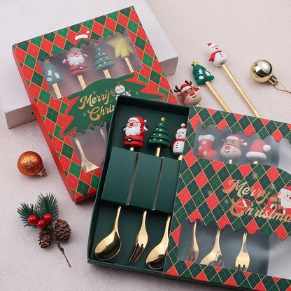 Red stainless steel Christmas spoons and forks with decorative snowman and Christmas tree handles