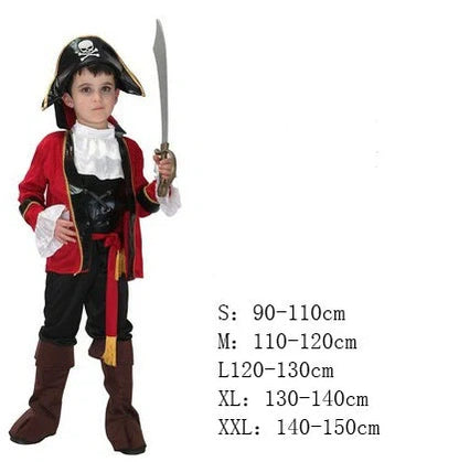 Halloween children's pirate costume with multiple character options and sizing guidance