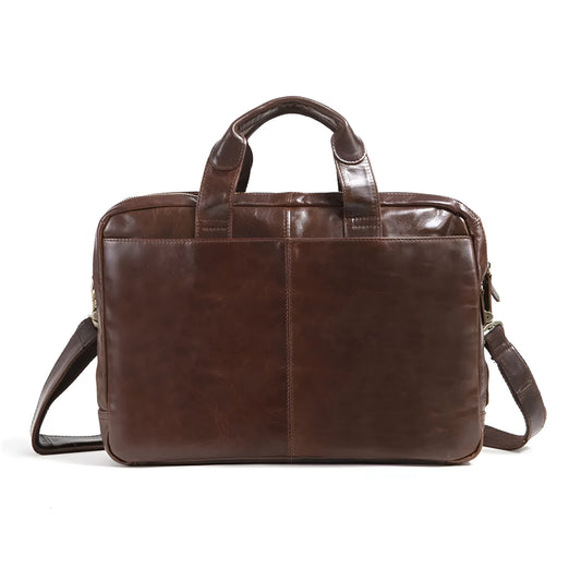 Brown men's leather business briefcase with an 18-inch size and polyester cotton lining.