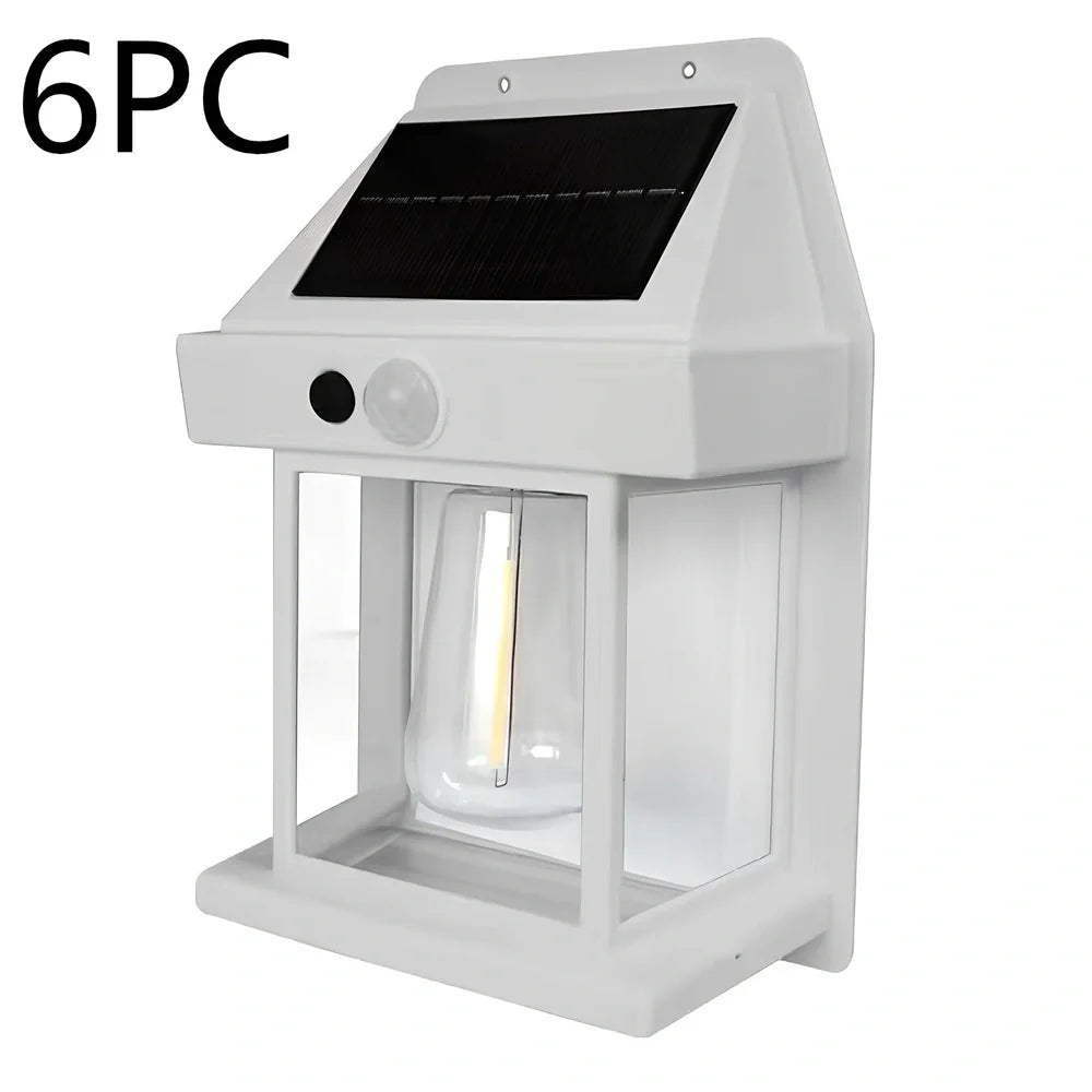 Black solar garden wall lamp with waterproof IP65 rating and automatic light sensor for outdoor installation