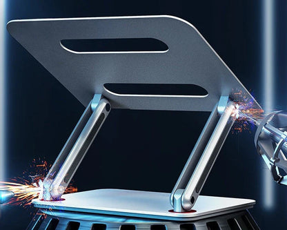 Adjustable aluminum laptop cooling stand with foldable, ergonomic, and portable design