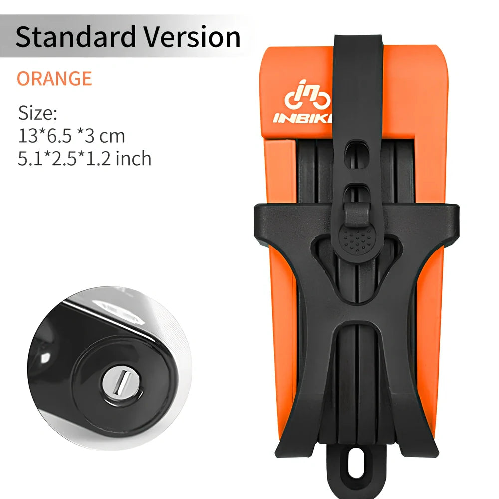 INBIKE mountain bike lock with orange ABS rubber coating showing 12-ton hydraulic resistance rating