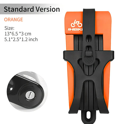 INBIKE mountain bike lock with orange ABS rubber coating showing 12-ton hydraulic resistance rating