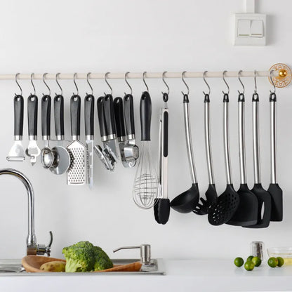 Black silicone kitchen spatula spoon set with stainless steel handles, 16 pieces