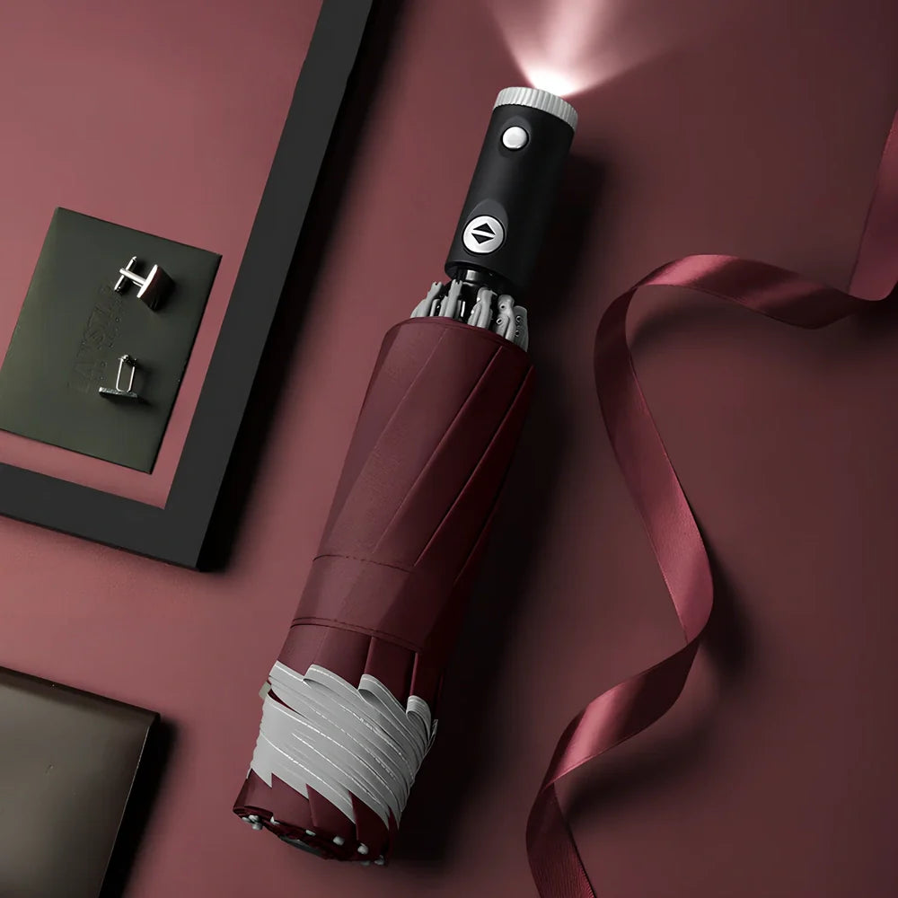 Automatic reverse umbrella showing open 105cm canopy and compact 30cm folded size