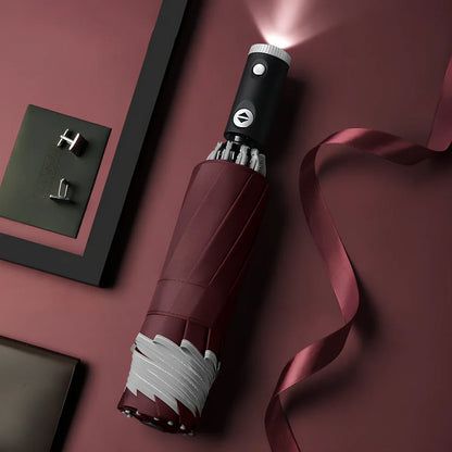 Automatic reverse umbrella showing open 105cm canopy and compact 30cm folded size