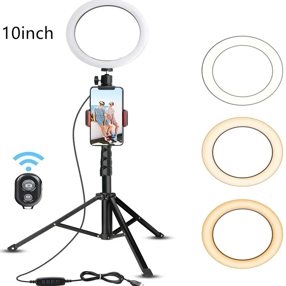 10-inch ring light with 26cm LED diameter on adjustable tripod stand for photography