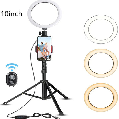 10-inch ring light with 26cm LED diameter on adjustable tripod stand for photography