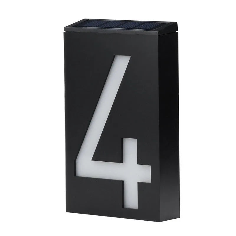 Solar-powered house number light with 6 LED illumination and concealed wall-mounting design
