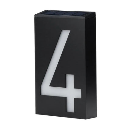Solar-powered house number light with 6 LED illumination and concealed wall-mounting design