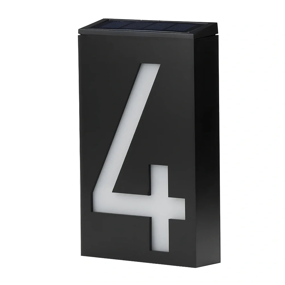 Solar powered house number with LED illumination showing waterproof construction and concealed mounting