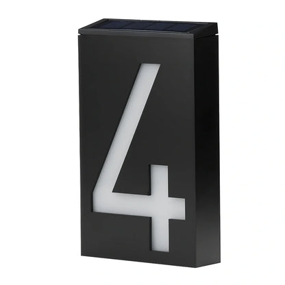 Solar powered house number with LED illumination showing waterproof construction and concealed mounting