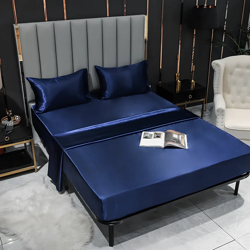 Artificial silk fitted bed sheet with elastic band in black, camel, red, sapphire or violet colours