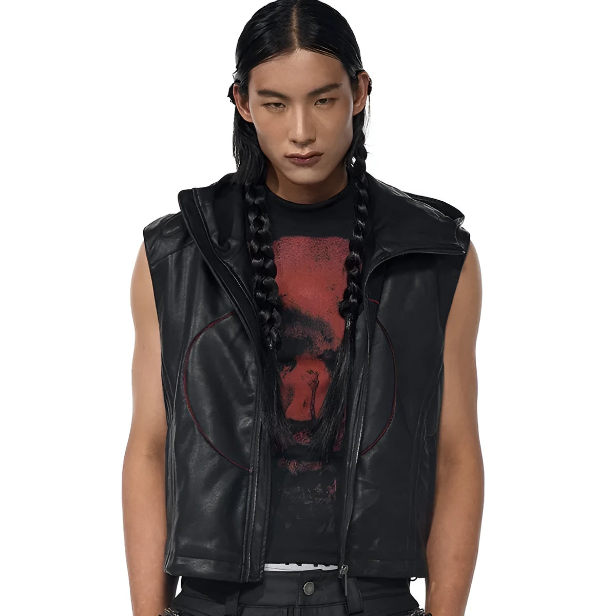 Black men's PU leather waistcoat coat with hood and five-pointed star design
