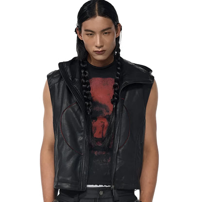 Black men's PU leather waistcoat coat with hood and five-pointed star design