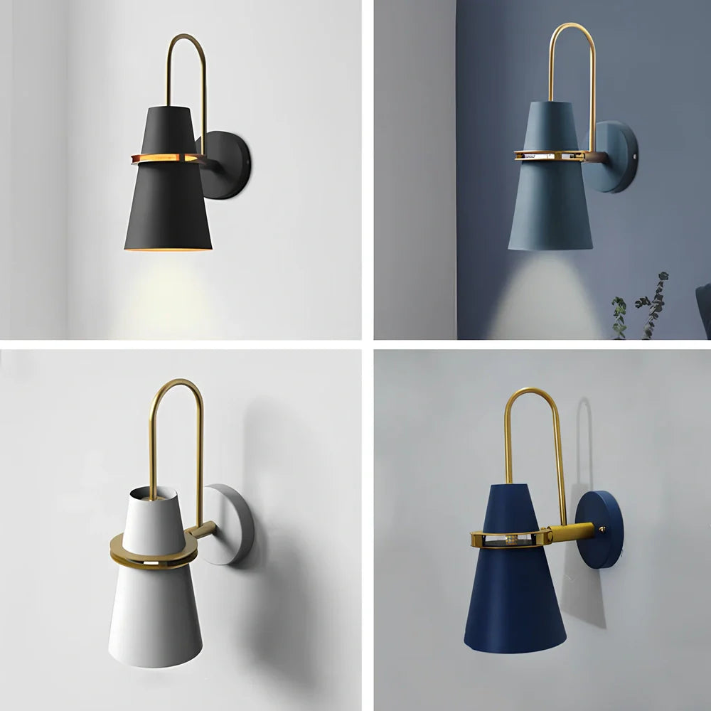 Indoor wall lamp with iron shade and LED lighting in black, blue, navy blue, or white finishes