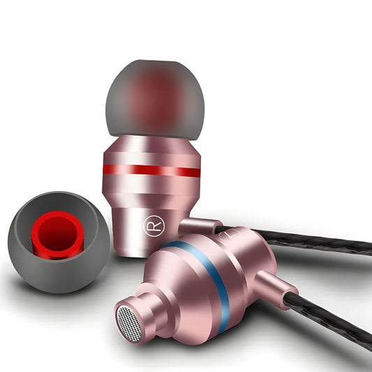 Wired in-ear headphones with microphone in black, showing 3.5mm plug and silicone ear tips.