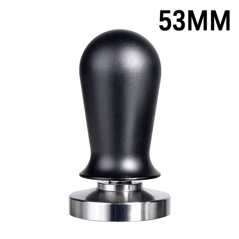 Stainless steel coffee tamper with silicone distribution pad in black or red, showing aluminium handle.