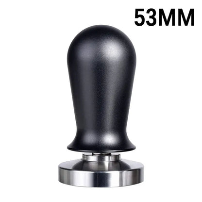 Stainless steel coffee tamper with silicone distribution pad in black or red, showing aluminium handle.