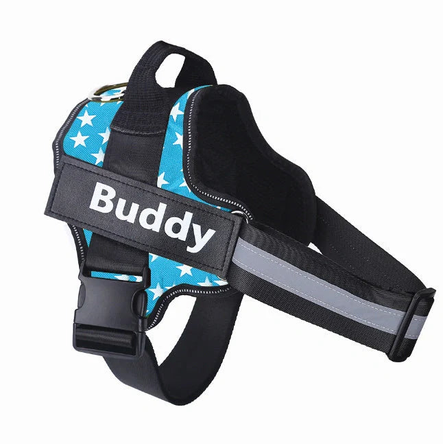 Personalised dog harness with reflective straps and adjustable chest fitting showing no-pull design