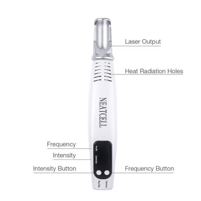 Blue home picosecond laser mole pen with adjustable intensity buttons and dual light therapy modes for skin treatment