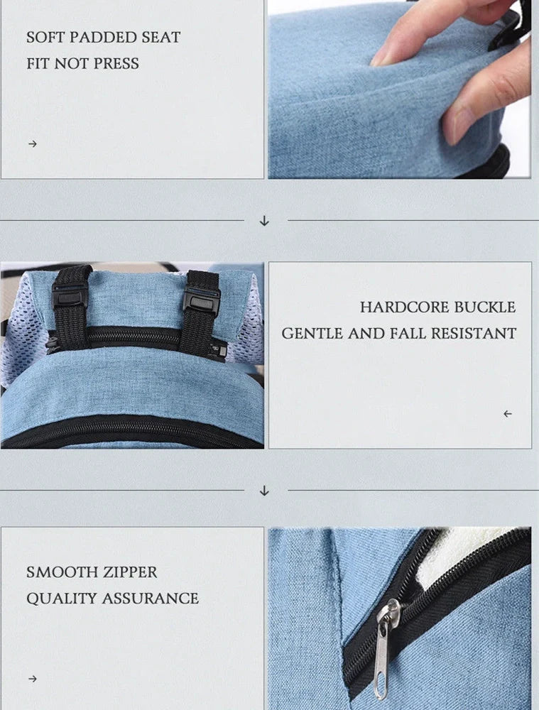 Waist stool baby carrier with 25cm seat supporting toddler, showing hip strap adjustment and weight distribution