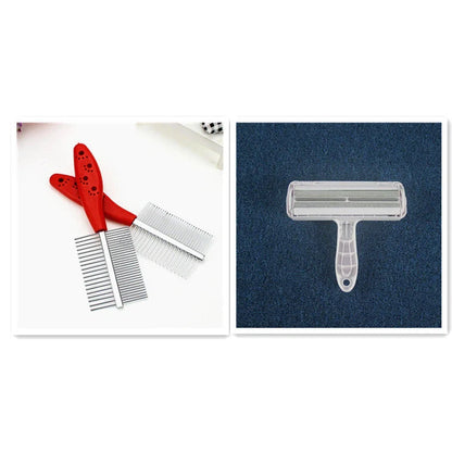 Red double-row pet grooming comb with stainless steel teeth and plastic handle showing sparse and dense sides