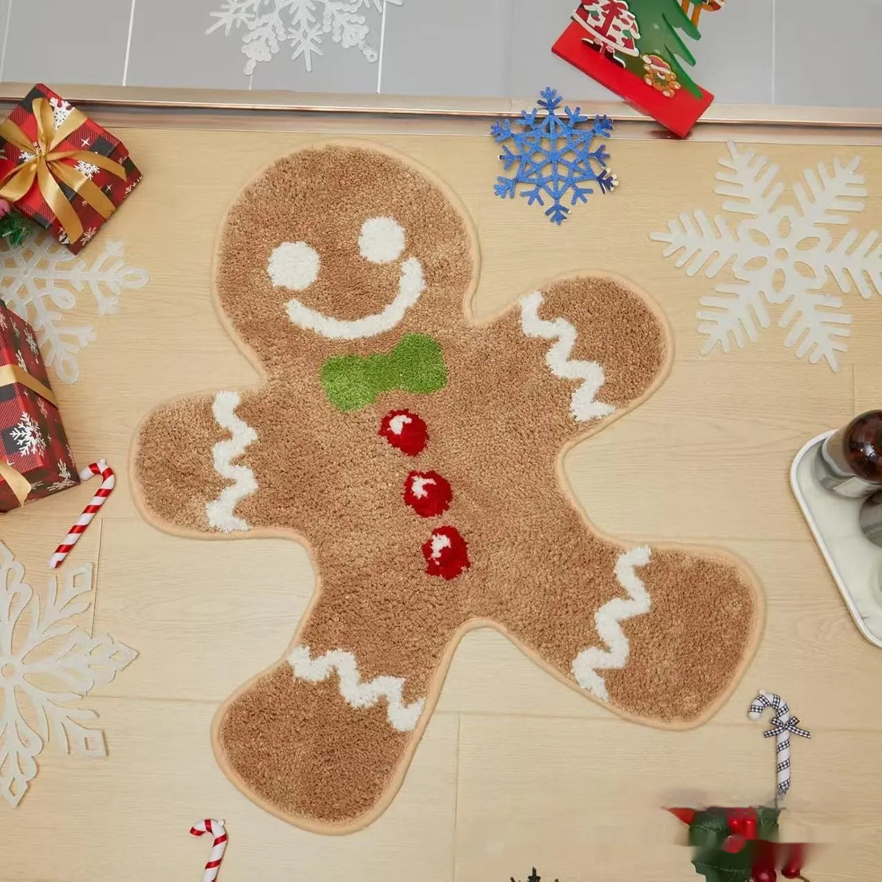 Square Christmas-themed hallway mat with non-slip backing on wooden floor