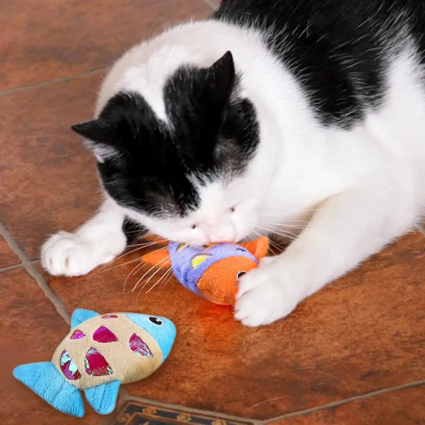 Two plush fish cat toys in blue and orange with catnip and crinkle sound features