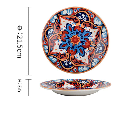 Underglaze ceramic bowl with Bohemian floral pattern in blue mandarin duck design, 8 inch diameter