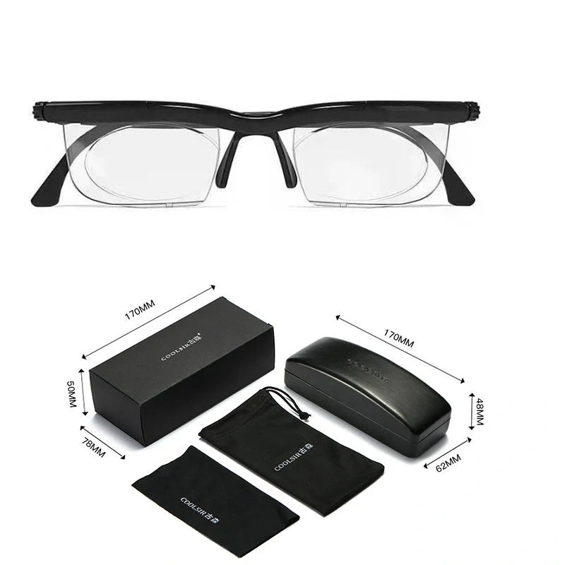 Adjustable Focus Sight Glasses with black and transparent frames and polycarbonate lenses