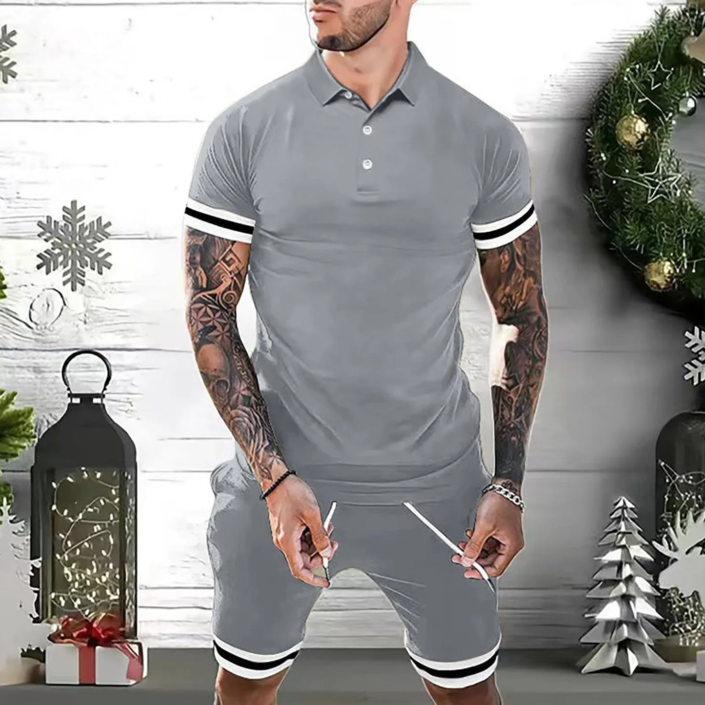 Men's two-piece casual outfit featuring a polo shirt and athletic shorts in various colors and sizes