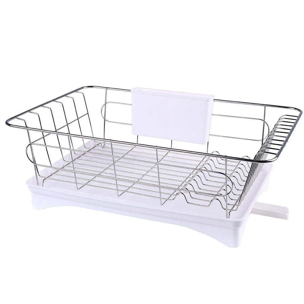 Black stainless steel dish drying rack with drain board and removable cutlery holder