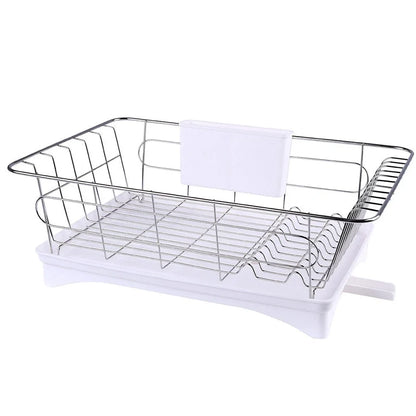 Black stainless steel dish drying rack with drain board and removable cutlery holder