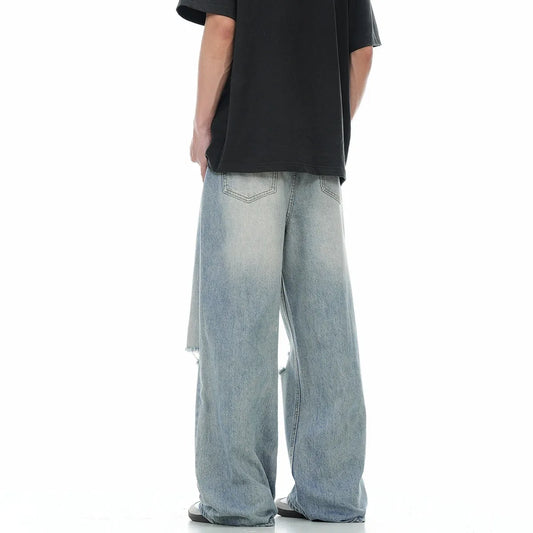 Blue straight-leg cotton-blend jeans with zipper fly closure showing five size options