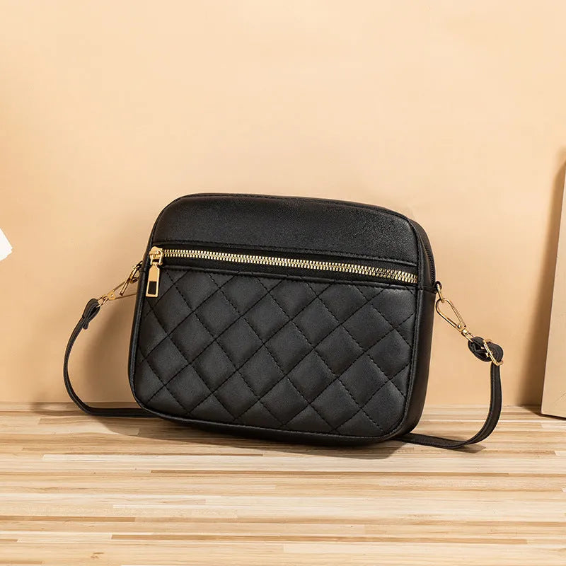 Large-capacity PU crossbody bag with diamond mesh, stitching, horizontal square shape, in white, black or pink