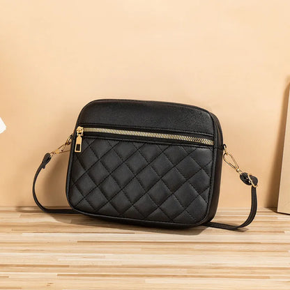 Large-capacity PU crossbody bag with diamond mesh, stitching, horizontal square shape, in white, black or pink