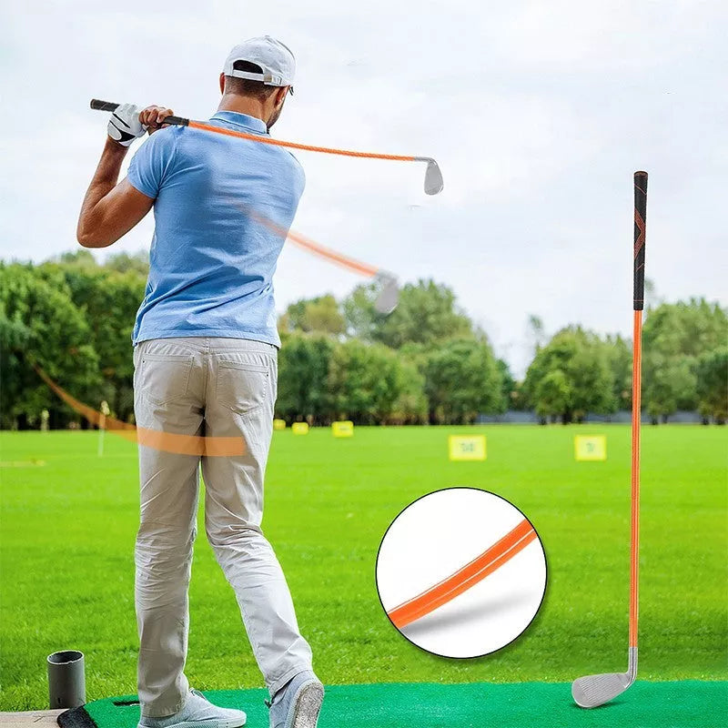 Golf Iron Swing Trainer in orange, black, and blue for swing practice