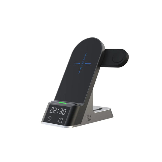 Black multifunctional wireless charging alarm clock with six device charging capability and integrated clock display