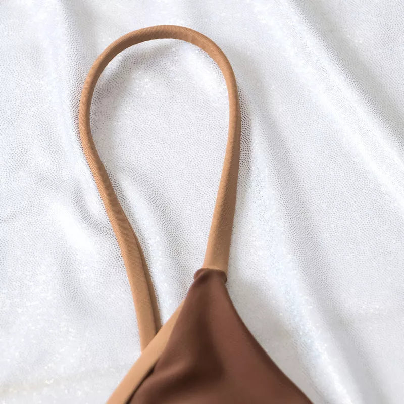 Solid color double-layer fabric split swimsuit in green and coffee, ideal for active women