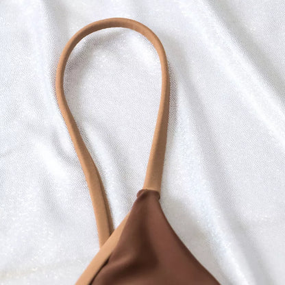 Solid color double-layer fabric split swimsuit in green and coffee, ideal for active women