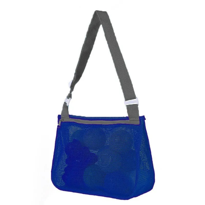 Blue children's travel storage organiser bag with nylon mesh construction and shoulder strap