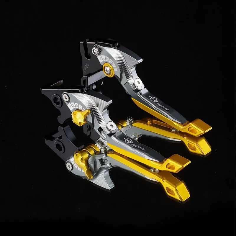 Motorcycle horn handle brake and clutch lever set in anodised metal with adjustable mechanism