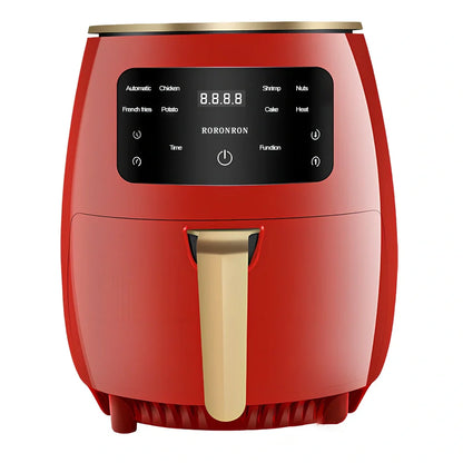 Black smart touch air fryer with stainless steel body and digital control panel showing cooking settings