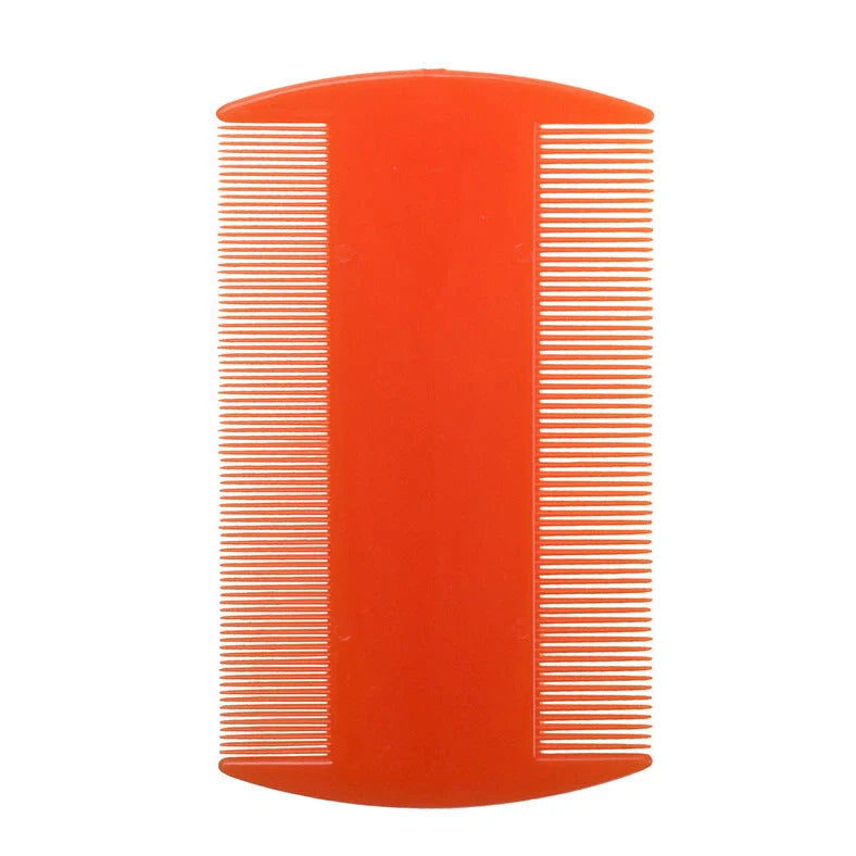 Double-edged fine-toothed plastic flea comb measuring 8cm by 7.5cm in rose red colour