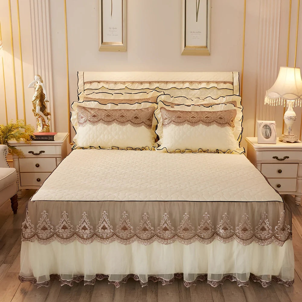 Quilted lace bed skirt with embroidery quilting on bed, showing 1.8m circumference coverage