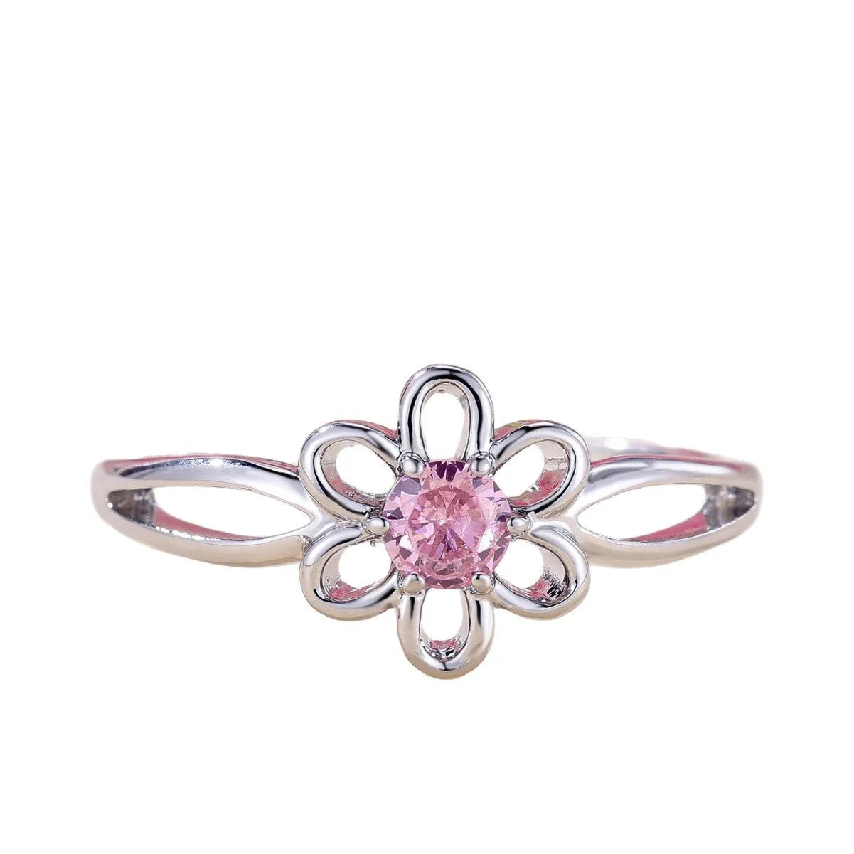 Women's hollow flower design fashion ring in electroplated copper with a platinum pink diamond finish.