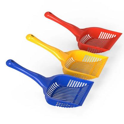 Red, yellow, and blue plastic cat litter scoops shown in small and medium sizes.