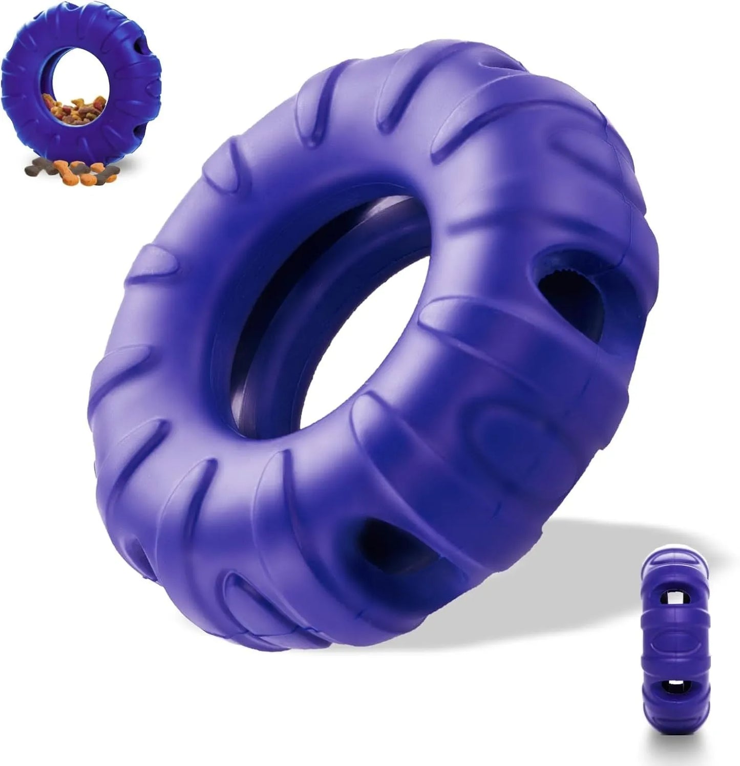 Blue tyre-shaped dog chew toy with oval openings, made from natural rubber for slow feeding