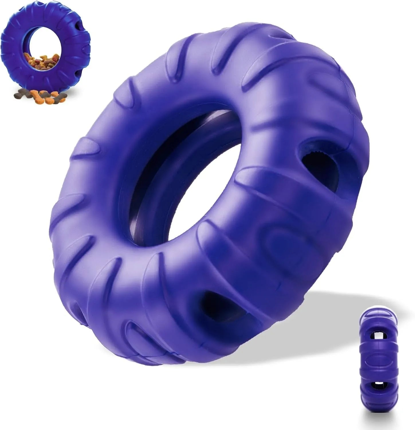 Blue tyre-shaped dog chew toy with oval openings, made from natural rubber for slow feeding